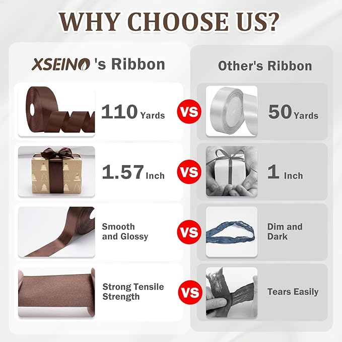 XSEINO 110 Yards Ribbon,1 1/2 Inch Brown Satin Ribbon for Flower Bouquet, Gift Wrapping, Ribbons for Crafts, Hair Bows Making, Wedding Party Decoration, Sewing, Invitation Cards, Christmas