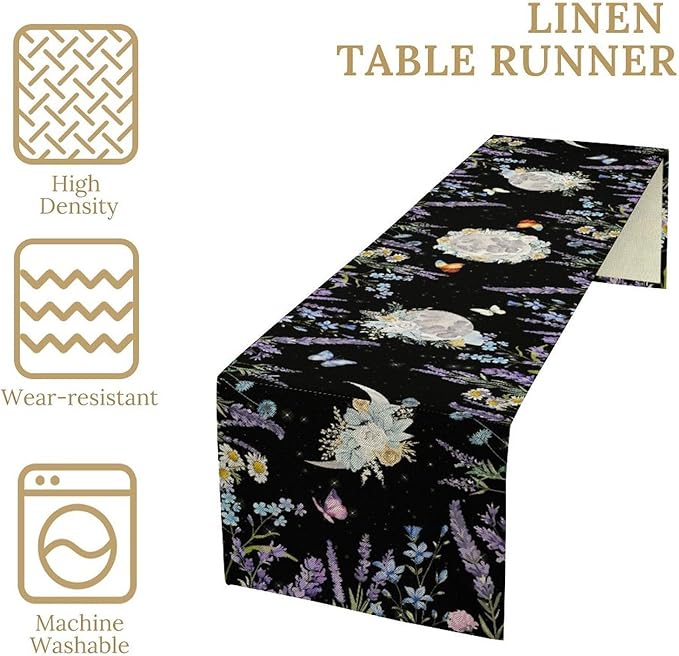 Boho Floral Table Runner, Spring Gothic Moon Phase Wildflower Mystical Witchy Farmhouse Coffee Table Center Decor for Home Kitchen Dining Patio Holiday Party Table Decorations 13x72 inches