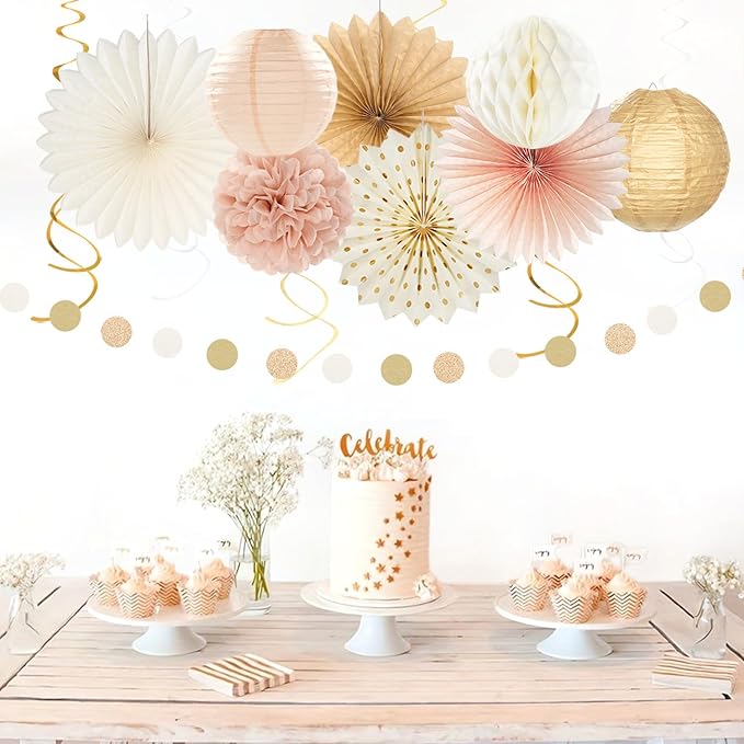 Champagne-Gold Fall Boho Baby Shower Party-Decorations - 21pcs Girls Welcome Baby Banner,Beige One Sweet Peach Paper Lanterns Pom Poms, Neutral Streamers Garland Decor Favors Huglony