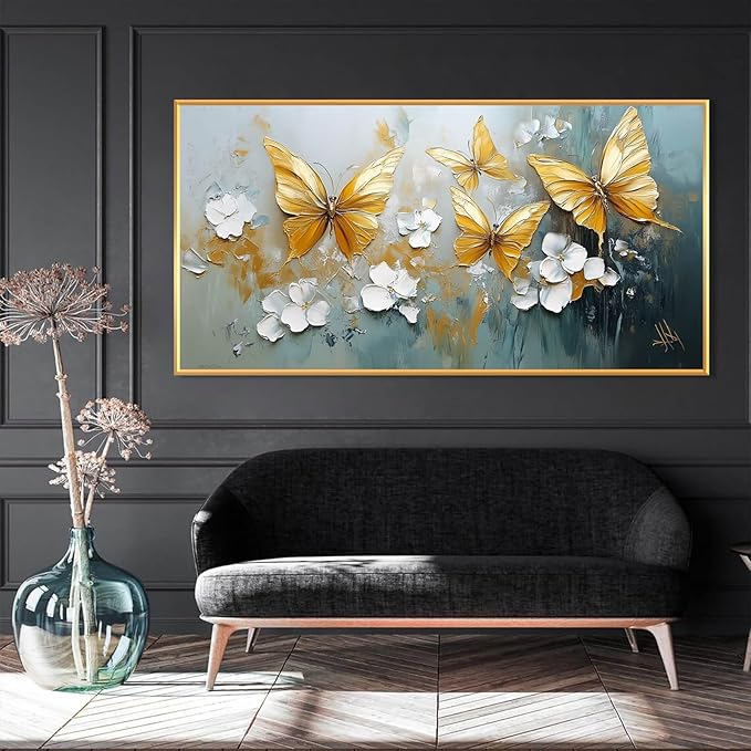 Butterfly Canvas Wall Art, Butterfly and Flower Wall Decor, Butterfly Prints, Abstract Textured Canvas Wall Art, Artwork for Walls, Oil Painting Wall Art, Wall Decor Living Room (Gold Frame, *47"x23"|120x60cm)