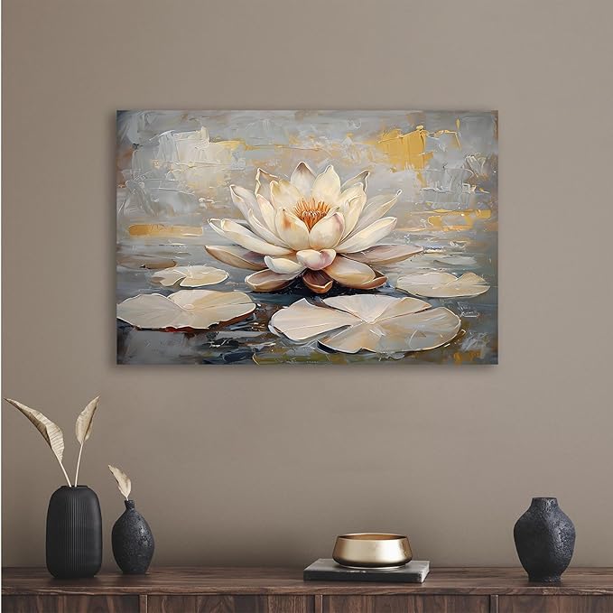 Ethereal white lotus floating on Crystal Waters poster vintage oil painting printwall art soft blush and gold accents serene home and office decor dreamy 32x48in Frameless
