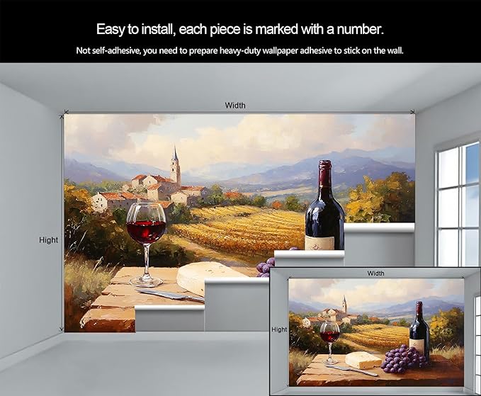 KIREUPA Tuscany Vineyard Wall Mural, Countryside Winery Scene 3d Wall Murals, Italian Rural Landscape Wallpaper Mural, for Living Room Bedroom Large Wallpaper Indoor Decor 118" W x 82.6 "H