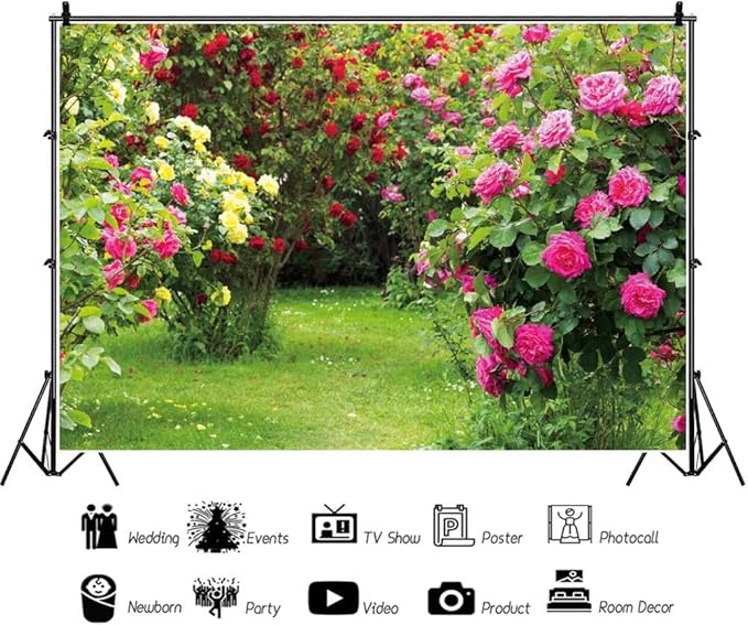 Renaiss 6x4ft Spring Garden Backdrop Red Pink Rose Flower Park Floral Green Leaf Grass Natural Landscape Photography Background for Wedding Bridal Shower Party Decor Photo Booth Props