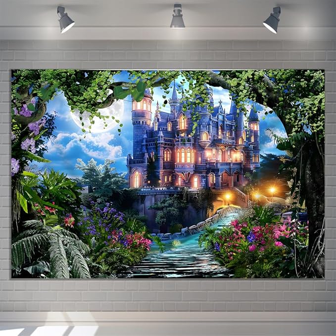 8x6ft Spring Fantasy Castle Palace Backdrop Vinyl Fairy Tale Prince Princess Flower Forest Wonderland Castle Photography Background Girl Home Decor Birthday Party Portrait Photo Props