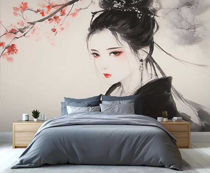 Asian Woman Wall Mural, Oriental Japanese Woman 3D Wall Murals, Ink Style Art Wallpaper Mural, for Living Room Bedroom Large Wallpaper Indoor Decor 169.3" W x118.2 H