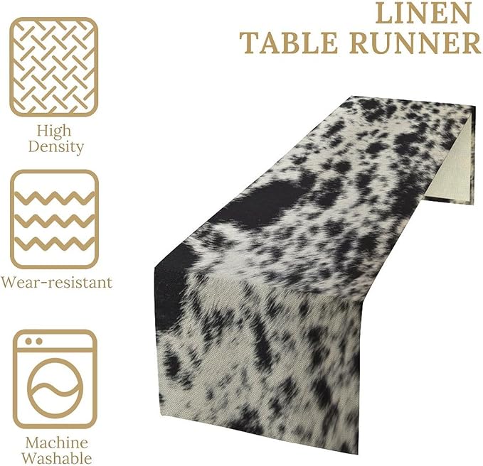 Cow Skin Print Table Runner, Rustic Country Farmhouse Animal Fur Skin Western Farm Black Cowhide Print Dinner Runner Table Decoration for Home Kitchen Dining 13x108in