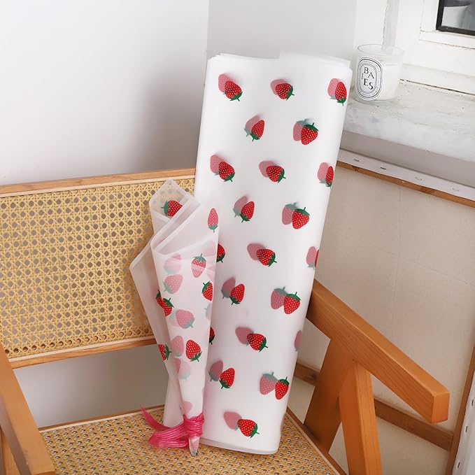 HLTOO 20 Sheets Flower Wrapping Paper, Bouquet Floral Packaging Paper with Strawberry Pattern, for Wedding, Party, Mother's Day, Birthday, and DIY Craft Florist Supplies (White)