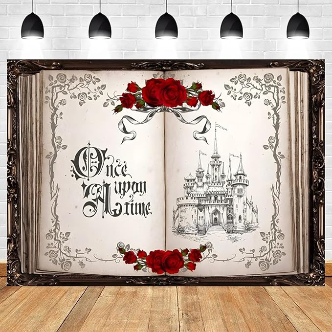 15x10ft Once Upon a Time Backdrop Princess Castle Wedding Party Photography Background Fairytale Book Romantic Story Red Roses Bridal Shower Decorations Birthday Portrait Photo Booth Prop