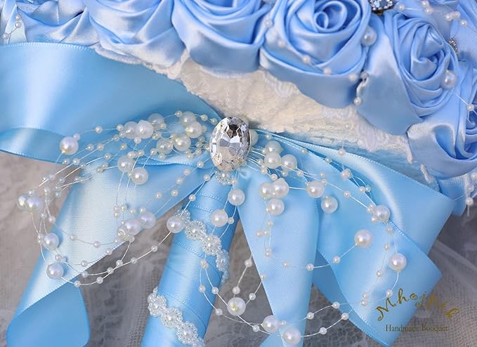 Bridal Wedding Bouquet Round Bling Brooch Bouquet Throw Toss Artificial Rose Flower Bunch for Bride Bridesmaid Wedding Quinceanera(Light Blue, 6.3")