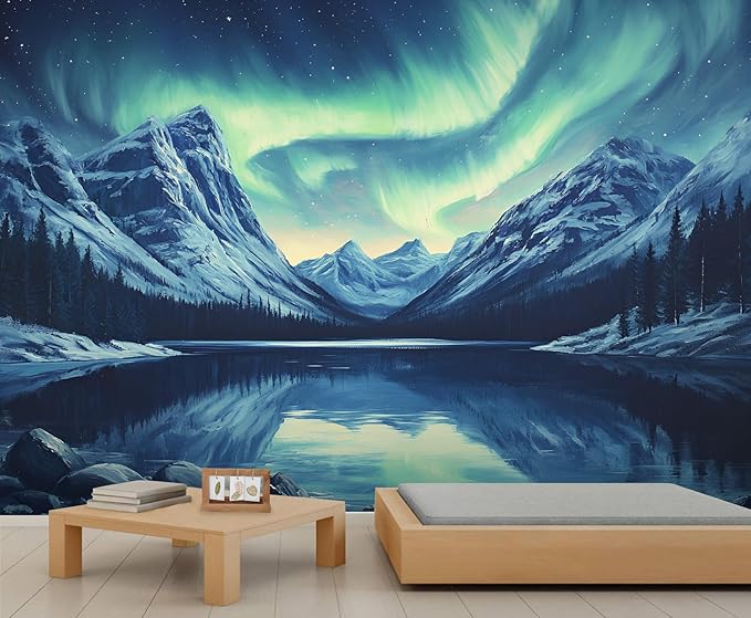 Northern Lights Mountain Wall Mural, Aurora Borealis Lake 3D Wall Murals, Snowy Peaks Starry Sky Wallpaper Mural, for Living Room Bedroom Large Wallpaper Indoor Decor 177.16" W x120 H