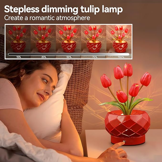 Birthday Gifts for Women,Red Tulips Flower Home Decor Touch Table Lamp,3-Colour Dimming Rechargeable Cordless Small Night Light for Festival Housewarming Gifts for Mom
