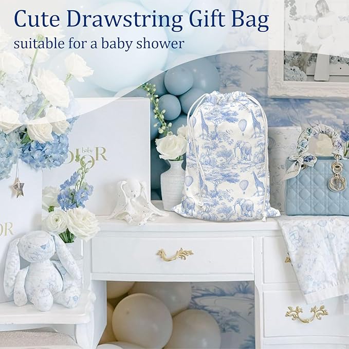 DSHFG Light Blue Birthday Drawstring Gift Bags, Safari Toile Chinoiserie Animals Baby Shower Drawstring Gift Bags Canvas, Blue and White Small Happy Birthday Bag, 10x13 Inch