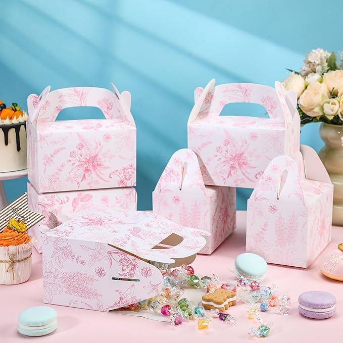 Dunzoom 24 Pack Pink Floral Paper Gift Boxes Party Favor Gift Gable Boxes with Chinoiserie Floral Printed Candy Treat Box for Wedding Birthday Tea Bridal Shower Party