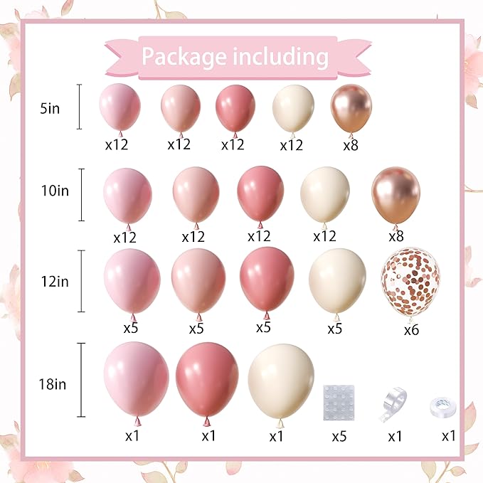 Dusty Rose Pink Balloon Arch Kit, 148Pcs Dusty Pink Macaron Orange Pastel Pink White Sand Rose Gold Confetti Balloons for Baby Bridal Shower Wedding Engagement Birthday Party Decorations