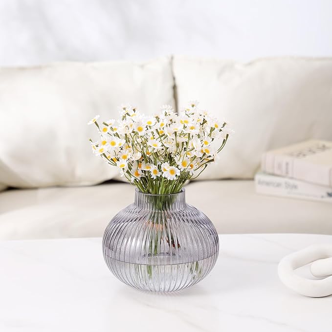 Black Glass Vase for Tulips, Ribbed Glass Vase for Flowers, Round Flower Vases, Small Short Vases for Living Room, Office, Coffee Table, Shelf, Wedding, 6 Inches