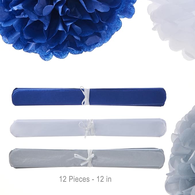 WEVEN Tissue Pom Poms Tissue Paper Flowers Tissue Fluff Balls Party Decorations 12-Inch Pack of 12 (Blue, White, Silver)