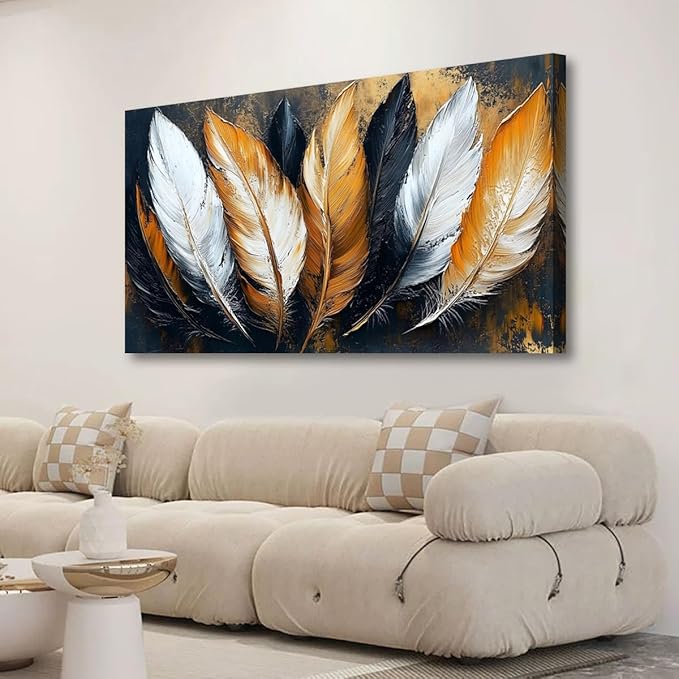 Abstraction Pictures Canvas Wall Art for Living room Office Bedroom Wall Decor,Feather Wall Art Print Paintings Modern Autumn White Yellow Feather Artwork Waterproof Ready to Hang-20x40inch