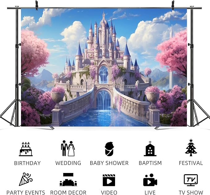 12x6ft Princess Castle Backdrop Pink Floral Blue Sky Photography Background White Cloud Forest Mountain Girls Birthday Baby Shower Banner Decorations Wedding Party Portrait Photo Booth Prop