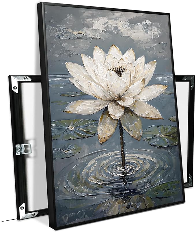 Stunning white lotus emerges from prismatic water with delicate petals background Serene aquatic wall art suitable for modern minimalist decor 8x12in Metal blackFramed