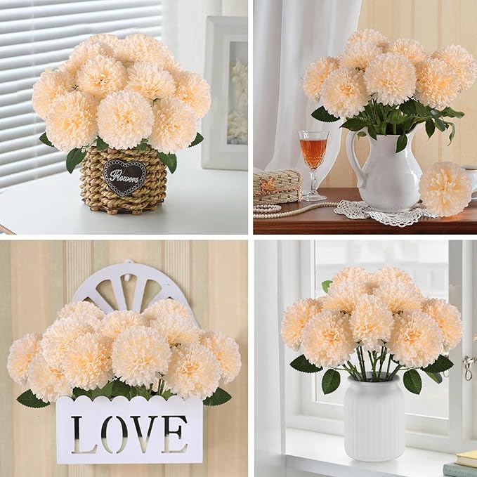 Hananona 12 Pcs Artificial Chrysanthemums Flowers Ball Flowers, Fake Mums Silk Plants for Home Decor Indoor Floral Arrangement Table Centerpiece (12, Champagne)