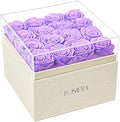 Rosaura Square Preserved Roses Gift Box - Real Forever Flowers in Clear Acrylic Lid, Valentine's for Women (Light Purple, 16 Roses)