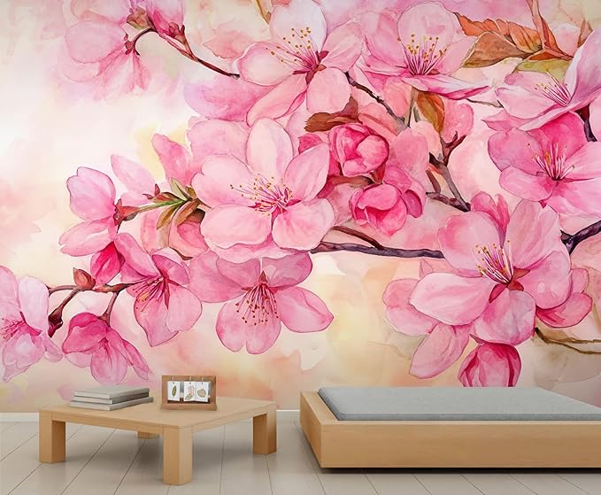 Watercolor Cherry Blossom Wall Mural, Japanese Cherry Blossom 3D Wall Murals, Simple Elegant Flowers Wallpaper Mural, for Living Room Bedroom Large Wallpaper Indoor Decor 169.3" W x118.2 H