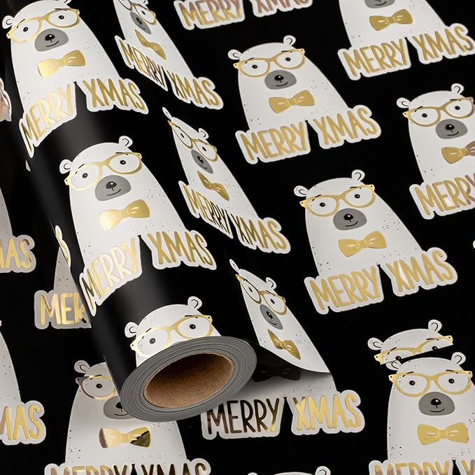 MAYPLUSS Metallic Foil Christmas Gift Wrap Paper - 17 Inch X 33 Feet - Cute Luxury Golden Bear w/Sunglasses on Black Design Winter Holiday Gift Wrap Present Paper Sheet for Party Birthday Baby Shower