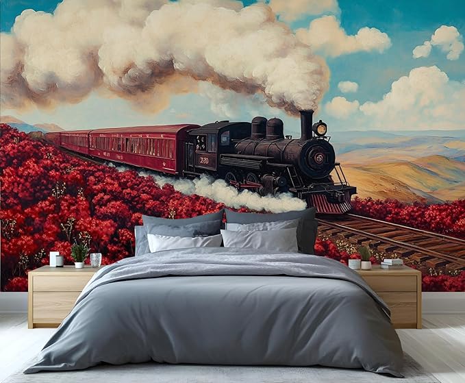 Vintage Train Wall Mural, Steam Engine Landscape 3D Wall Murals, Train Through Flower Field Wallpaper Mural, for Living Room Bedroom Large Wallpaper Indoor Decor 98.4" W x68.9 H