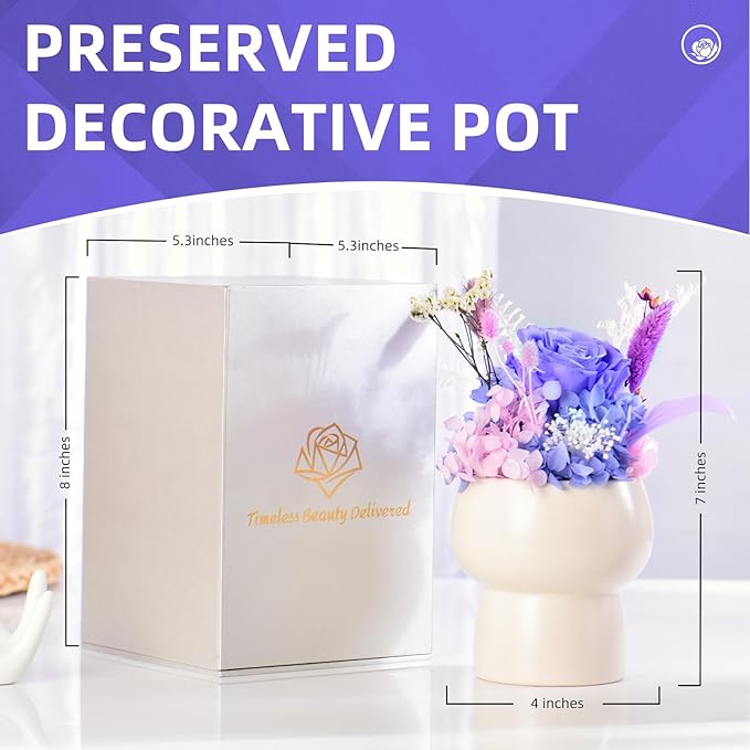 Preserved Floral Gift Set, Everlasting Rose in Small Ceramic Pot - Lasting Beauty for Home Table Decor, Mother's Day, Valentine's Day, Birthday, and Anniversary (Purple)