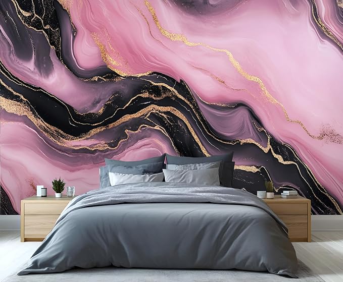 Pink Black Marble Wall Mural, Luxury Fluid Art 3D Wall Murals, Gold Vein Abstract Marble Wallpaper Mural, for Living Room Bedroom Large Wallpaper Indoor Decor 118" W x 82.6 "H