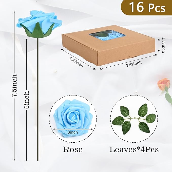 BLEUM CADE 16Pcs Artificial Flowers Fake Roses with Stems, Sky Blue Boxed Foam Roses for DIY Bouquets Centerpieces Wedding Party Arrangement Bridal Shower Decor