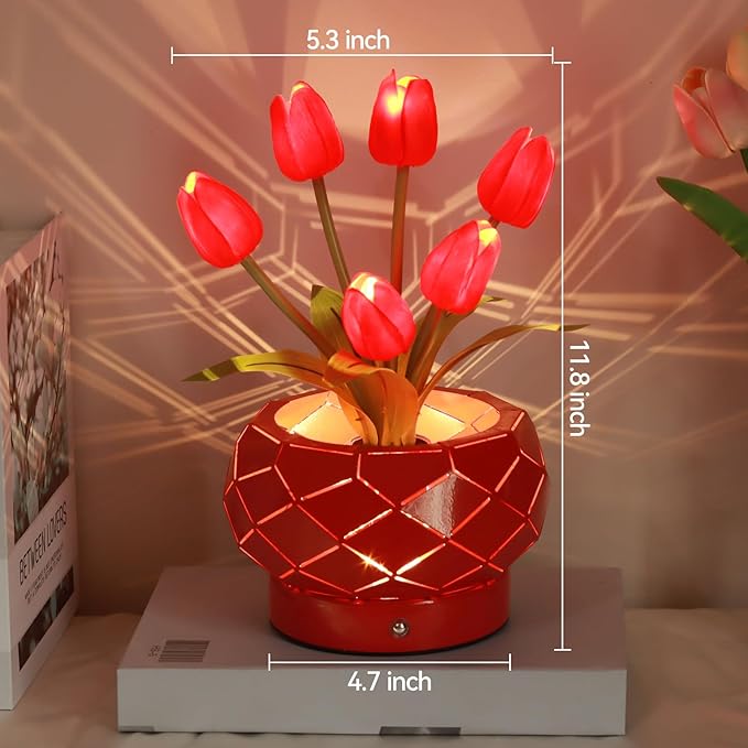 Birthday Gifts for Women,Red Tulips Flower Home Decor Touch Table Lamp,3-Colour Dimming Rechargeable Cordless Small Night Light for Festival Housewarming Gifts for Mom