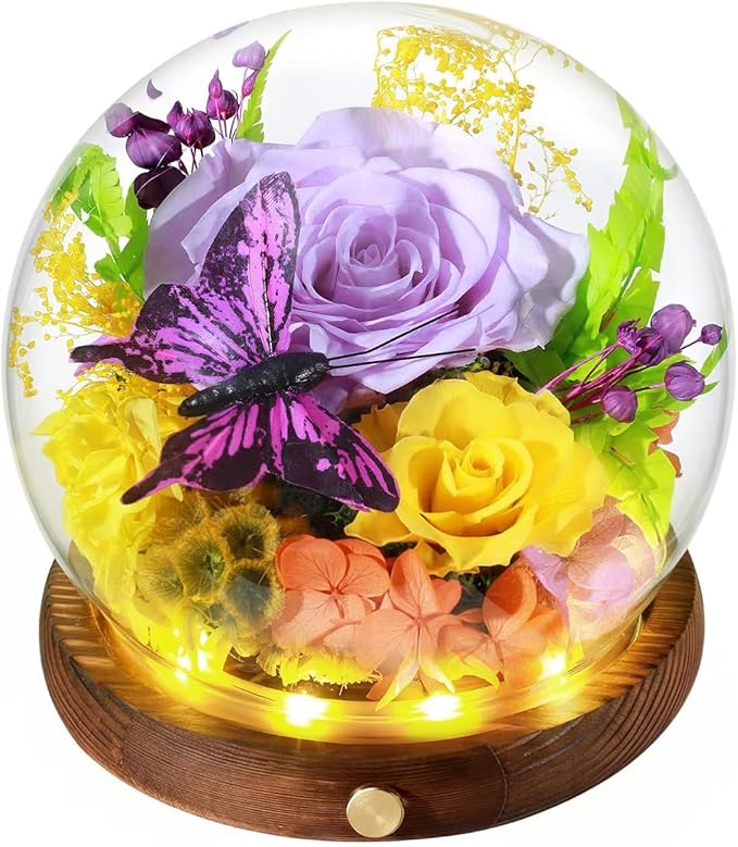 Preserved Rose, LED Forever Flowers in Glass Dome, Eternal Flowe for Women, Birthday Gifts for Mom Friend, Includes Greeting Card & Luxury Gift Box (Purple)