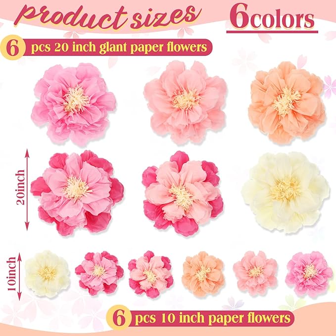 MotiMind 12 Pcs Large Colorful Tissue Paper Flowers 20" 10'' Giant Fiesta Paper Flowers Mexican Pom for Carnival Party Wall Backdrop Decoration Wedding Birthday (Gradient Pink)