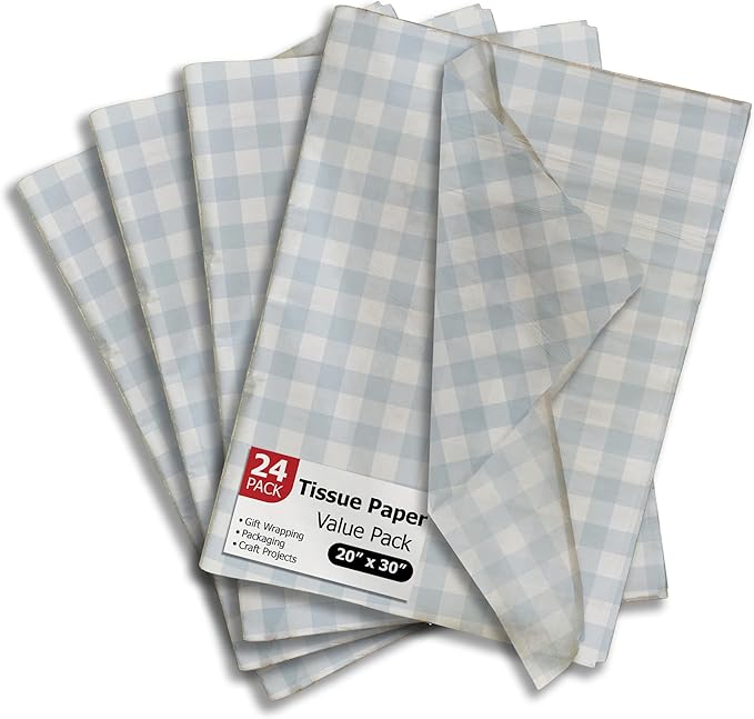 Pro Supply Global Blue Gingham Printed Tissue Paper for Gift Bags or Boxes and Wrapping - Checkered Bulk Decorative Art Tissue Paper for Packaging and Gifting | 24 Sheets 20" x 30"