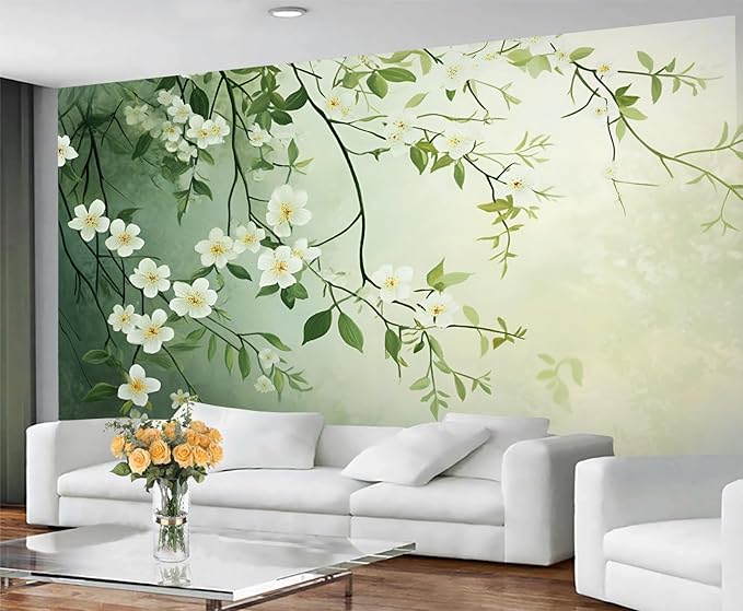 Spring Blossom Floral Wall Mural, Minimalist White Floral 3D Wall Murals, Elegant Botanical Wallpaper Mural, for Living Room Bedroom Large Wallpaper Indoor Decor 59" W x39.4 H