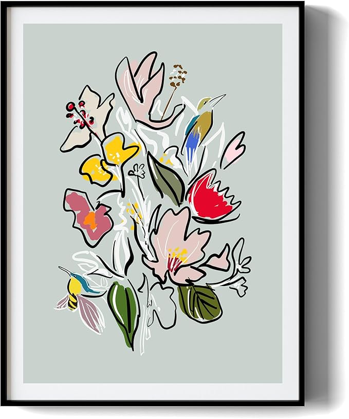Abstract Floral Framed Wall Art for Bedroom, Colorful Botanical Canvas Prints, Hummingbird Painting Picture, Flower and Bird Wall Decor for Living Room Apartment Dorm Gallery, Hand-drawn Style Canvas Wall Art, Gifts for Friends & Family – 24" x 18"