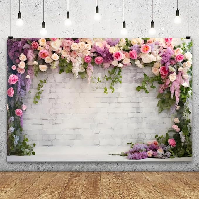 YongFoto Retro White Brick Wall Floral Arch Backdrop 12x8ft Rose Flowers Vine Leaves Photography Background Birthday Bridal Shower Wedding Party Banner Room Decor Portraits Photoshoot Wallpaper