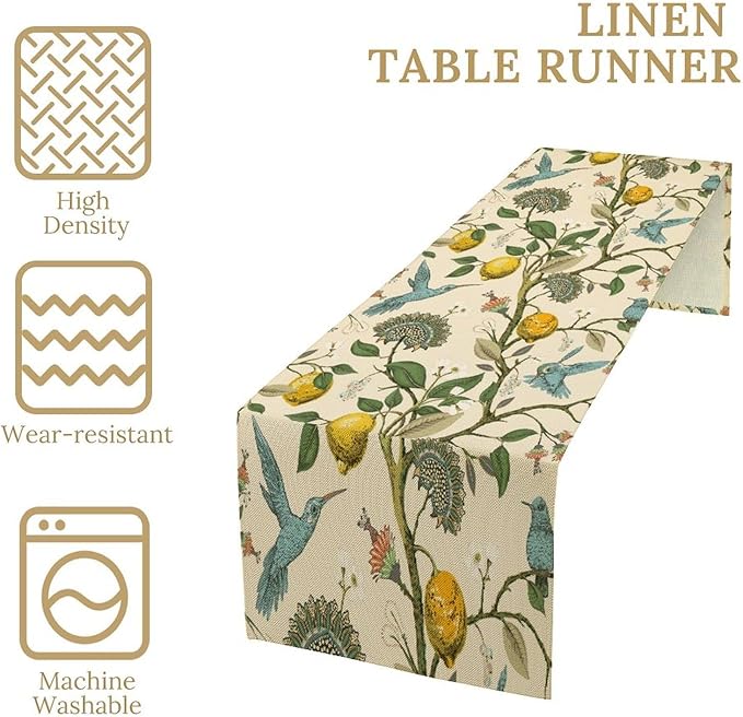 Table Runner with Flowers and Birds, Spring Plant Flowers Table Decoration Linen Table Runner Family Party Party Decorations 13x90 Inches