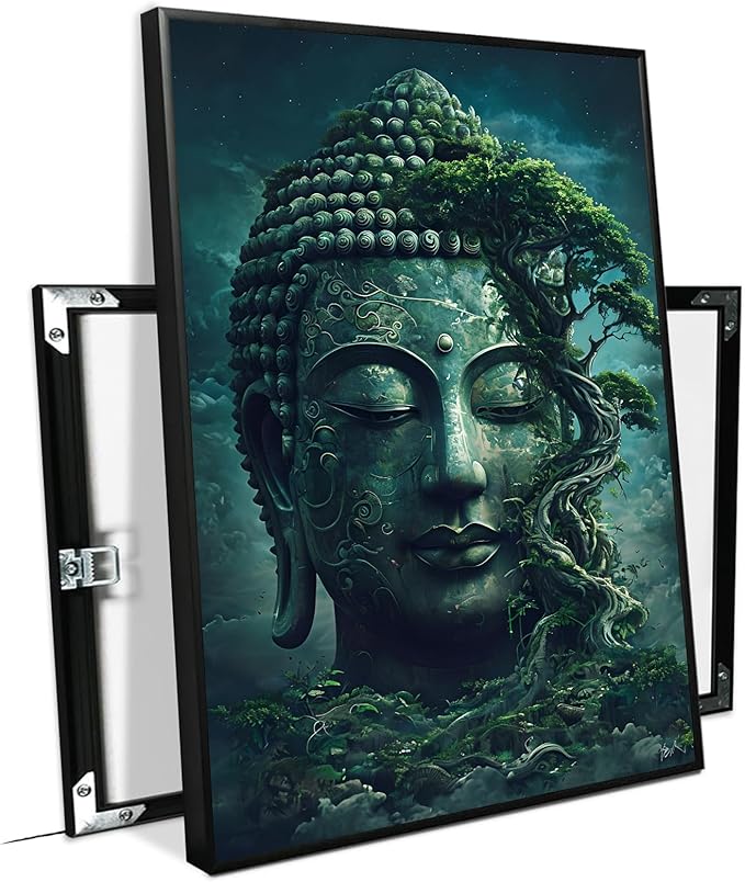 Buddha statue wall art canvas wall decor aesthetic picture mystical nature art for tranquil home and spiritual space 8x12in Metal blackFramed