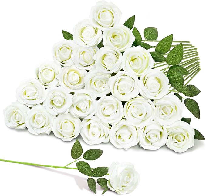 22 Pcs Artificial Roses - Realistic Velvet Flowers with Stems, Bulk Faux Roses for Home Wedding Party Decor (White)