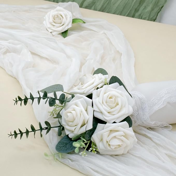 Artificial Flowers, 25pcs Artificial Rose for DIY Bouquets Arrangement, Sand White Rose Flowers Foam Fake with Stems for Wedding Shower Party Floral Arrangements Tables Home Decorations