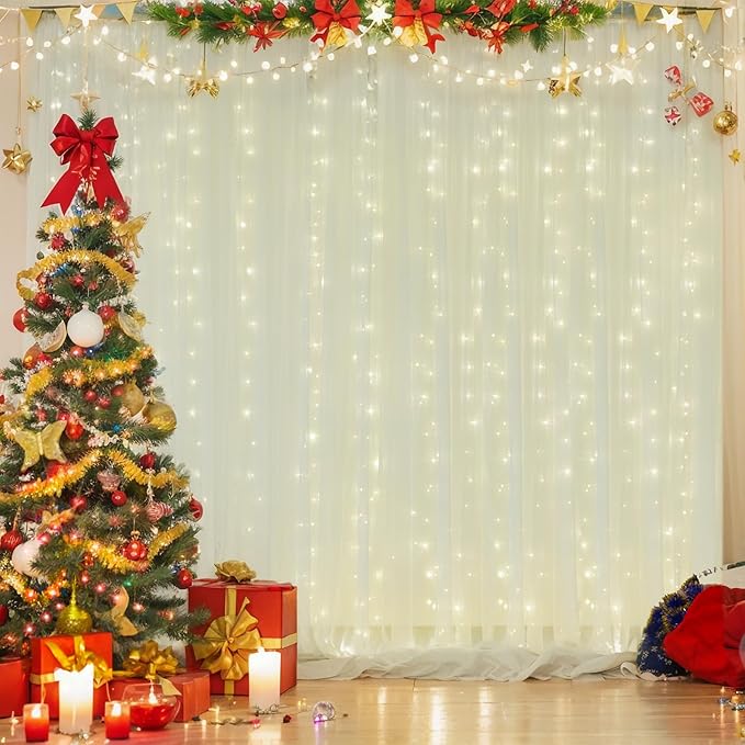 20ft x 10ft Ivory Backdrop Curtain with Lights String for Parties, Sheer Tulle Wedding Photo Backdrops Drapes for Baby Shower Birthday Party Decorations Background for Photography
