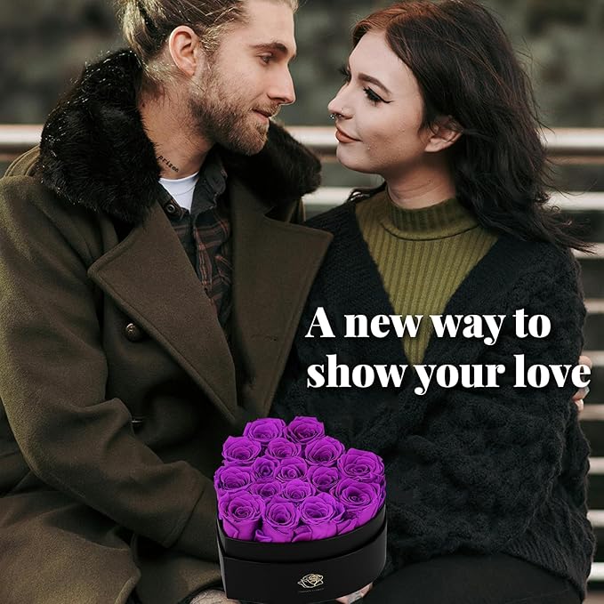 16-Piece Forever Flowers Heart-Shaped Box – Real Immortal Preserved Roses Lasting a Year, Perfect for Birthday, Girlfriend, Mother, or Wife, Valentine Day Gift for Her - Violet