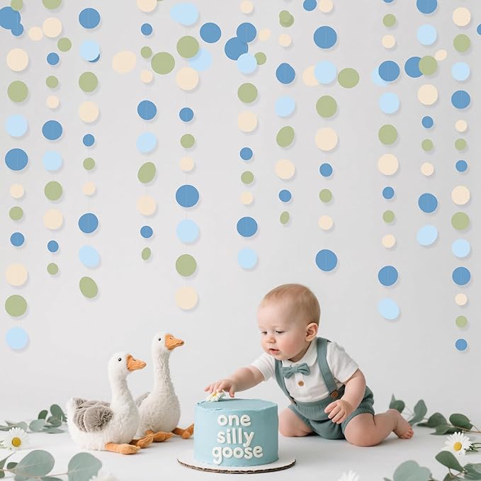 Dusty Blue and Sage Green Beige Polka Dot Garland Olive Green Dusty Blue Cream Nude Hanging Paper Circle Dots Streamer for Birthday Baby Shower Wedding One Silly Goose Theme Party Decorations Supplies