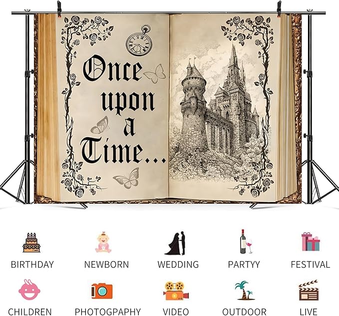10x7ft Once Upon a Time Backdrop Fairy Tale Books Castle Princess Photography Background Once Upon a Time Birthday Baby Shower Decoration Storybook Wedding Party Banner