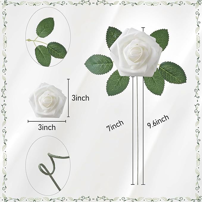 Artificial Flowers, 25pcs Artificial Rose for DIY Wedding Bouquets Centerpieces Arrangements, White Foam Rose with Stem for Bridal Shower Party Home Decorations