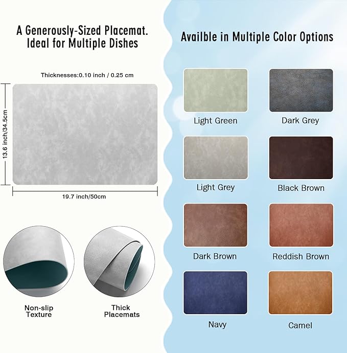UnivoColors Washed Cowhide Pattern Faux Leather Big Size Placemats Set of 4, Waterproof Easy to Clean Anti-Slip PU Table Mats for Party Decoration19.7″×13.6″,Light Grey Retro Cowhide Pattern