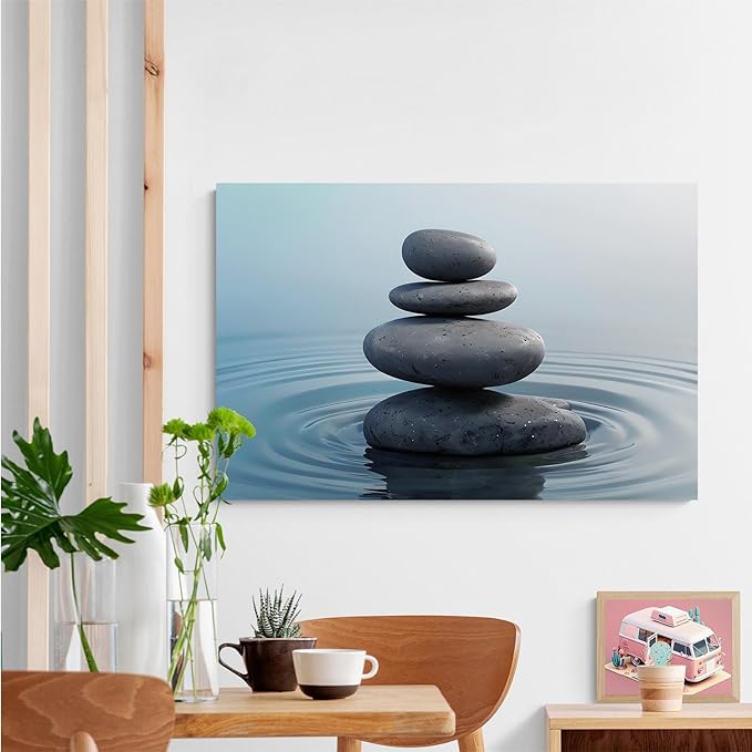Zen wall art Harmonious grey stones stacked on a calm surface of water Serene Zen decor suitable for tranquil homes and spaces of meditation 16x24in Frameless