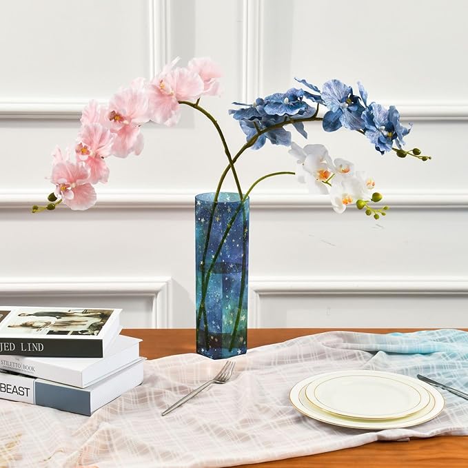 Flower Vase Clear Plastic Cylinder Vases Decor for Centerpieces Home Storage Office Weddings Watercolor Starry Sky Stars Blue 11.8 x 3.9 in